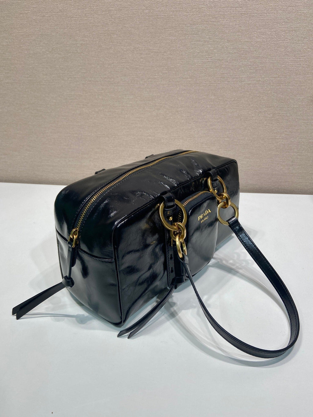 PRADA LARGE RECTANGULAR BAG 30 IN BLACK OIL WAX LAMBSKIN GOLD HARDWARE