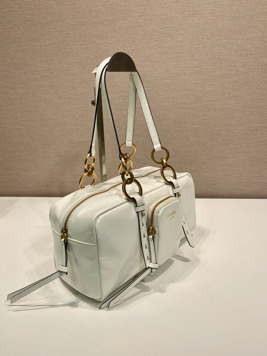 PRADA LARGE RECTANGULAR BAG 30 IN WHITE OIL WAX LAMBSKIN GOLD HARDWARE