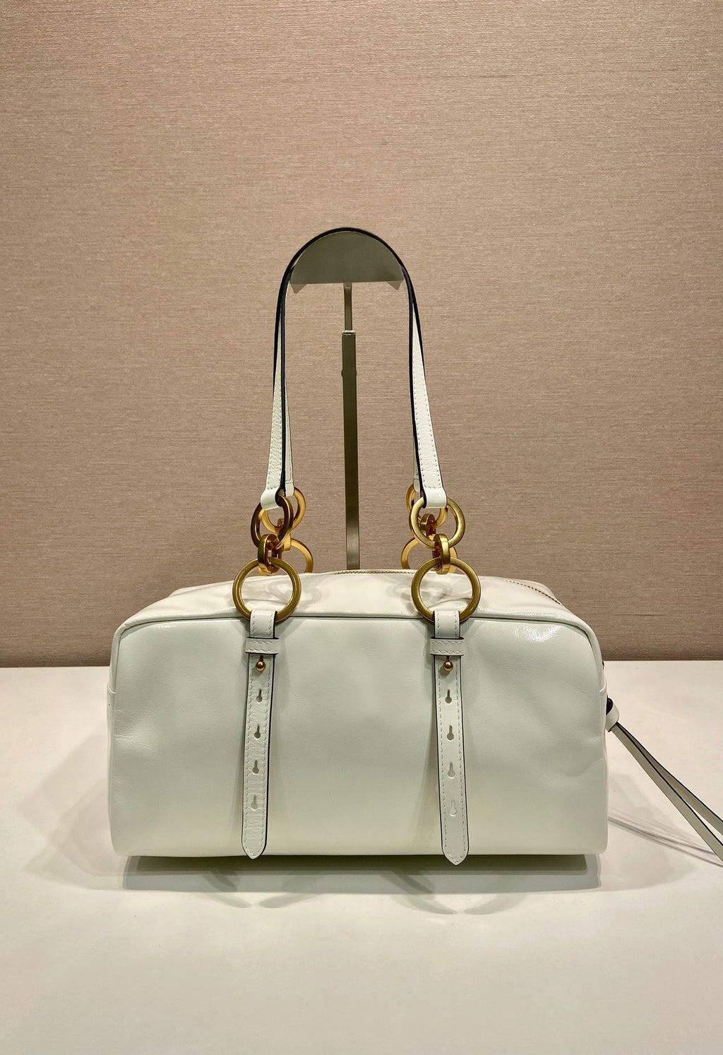 PRADA LARGE RECTANGULAR BAG 30 IN WHITE OIL WAX LAMBSKIN GOLD HARDWARE