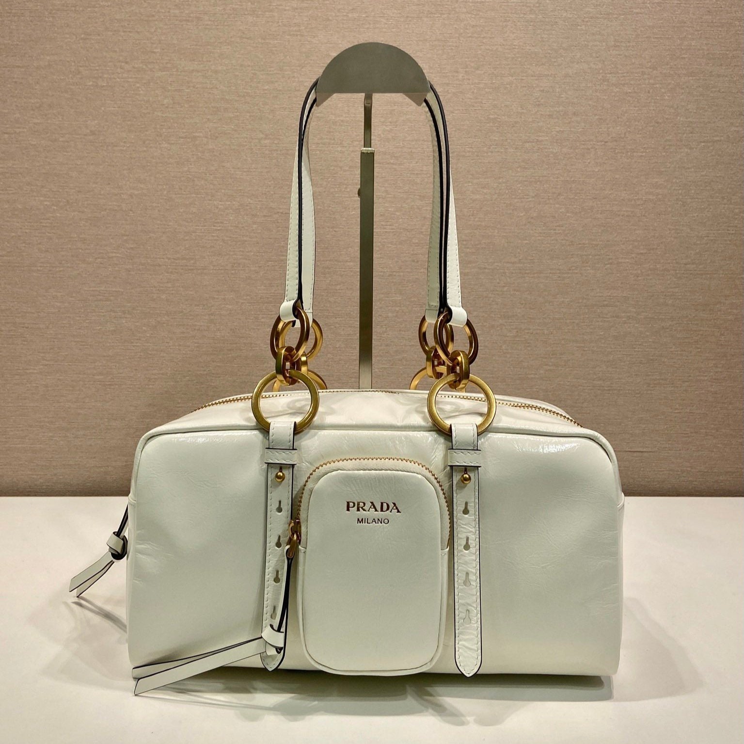 PRADA LARGE RECTANGULAR BAG 30 IN WHITE OIL WAX LAMBSKIN GOLD HARDWARE