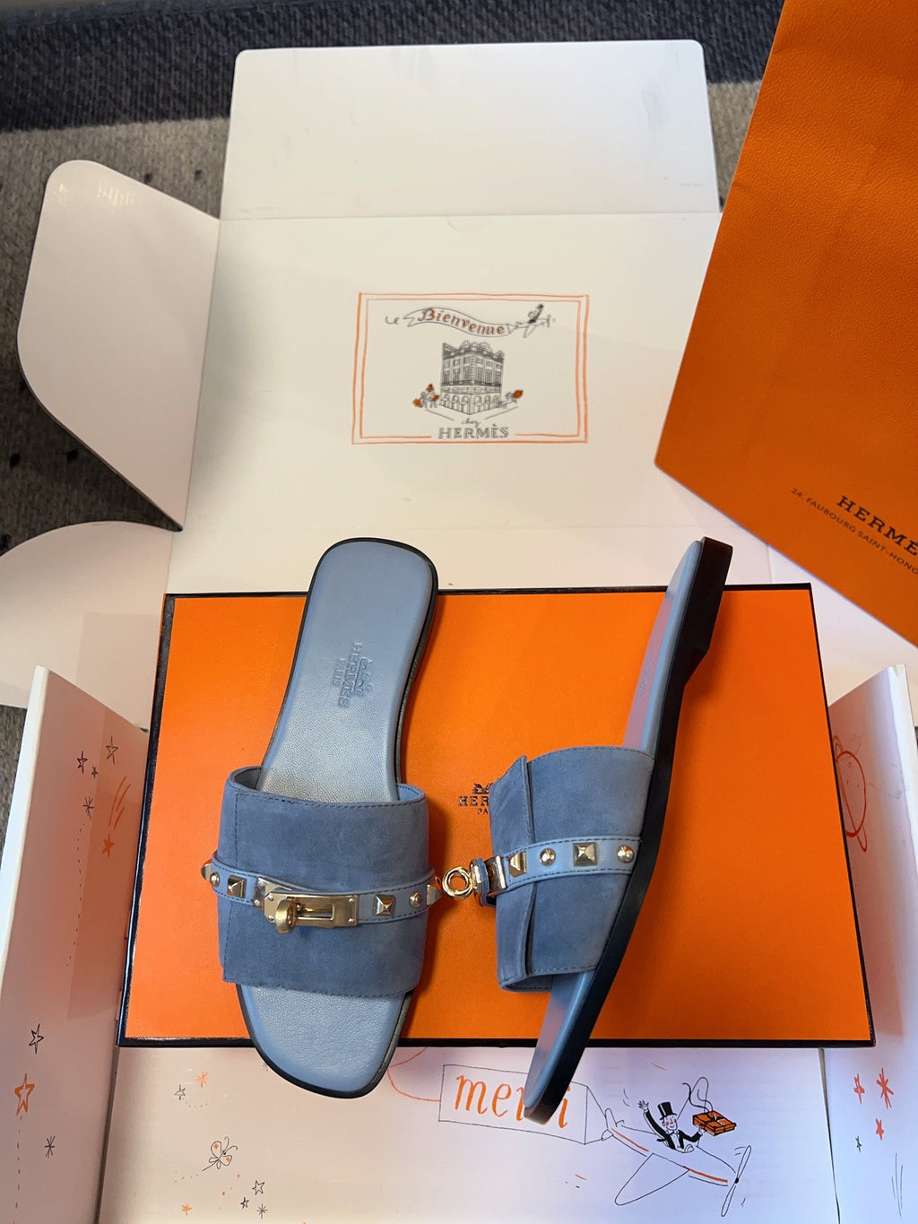 HERMES GIULIA FLAT SANDAL IN CERULEAN BLUE SUEDE