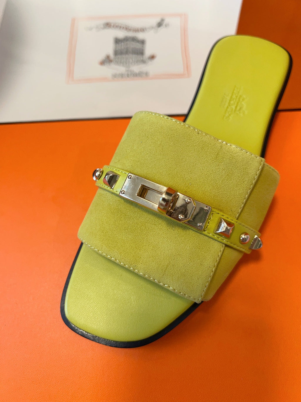 HERMES GIULIA FLAT SANDAL IN NEON YELLOW SUEDE