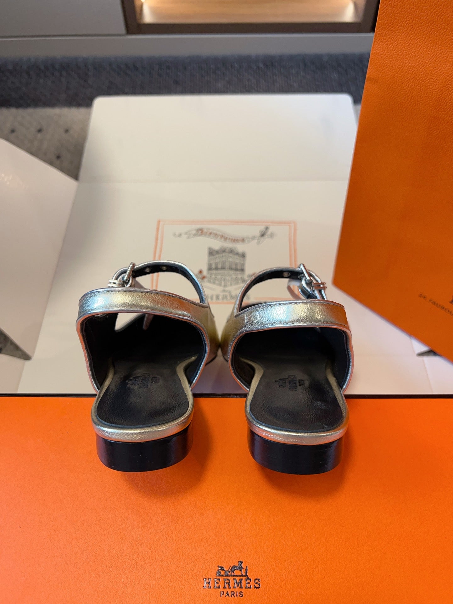 HERMES KLEO SLINGBACK IN SILVER CALFSKIN