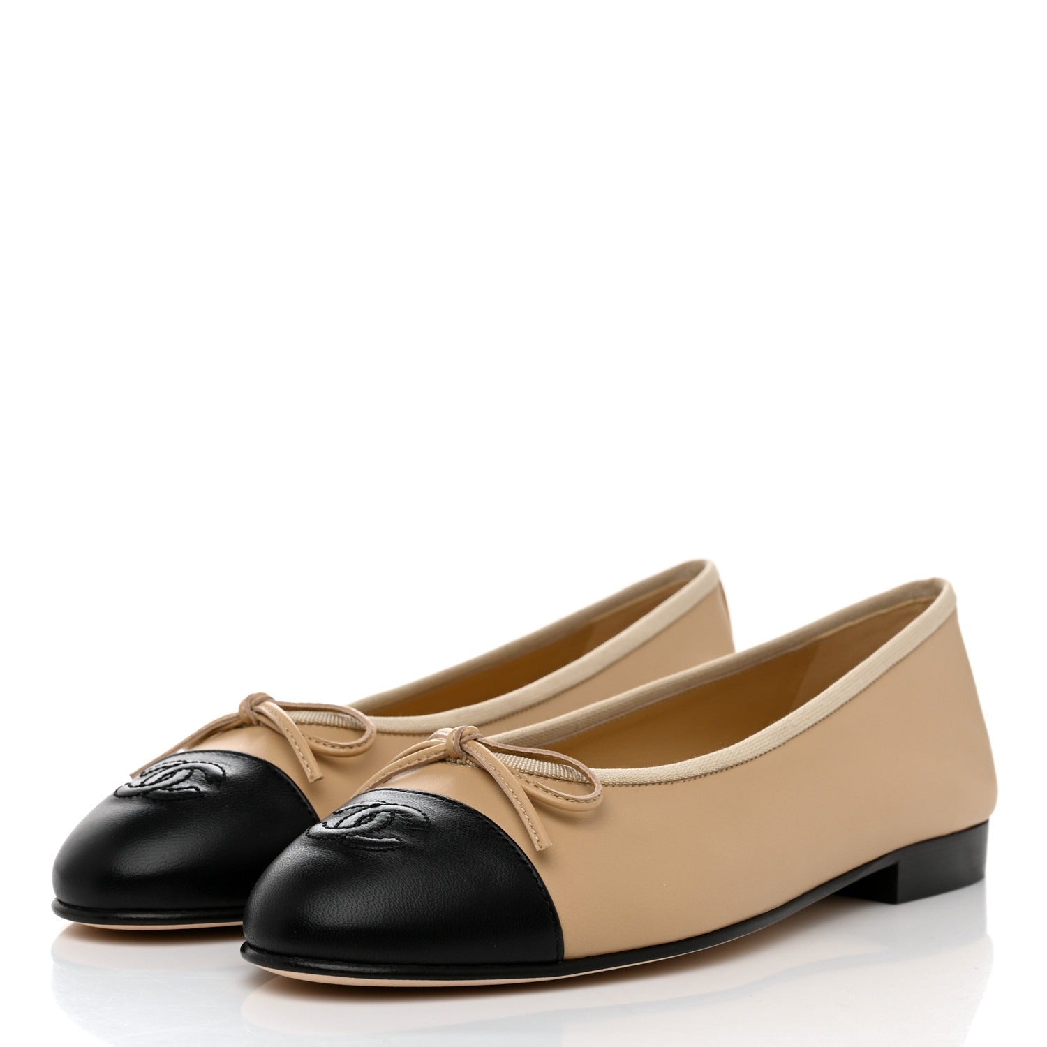 CHANEL BALLET FLATS BEIGE BLACK LAMBSKIN