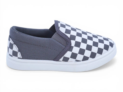 Boys` White and Gray Checker Canvas Slip On