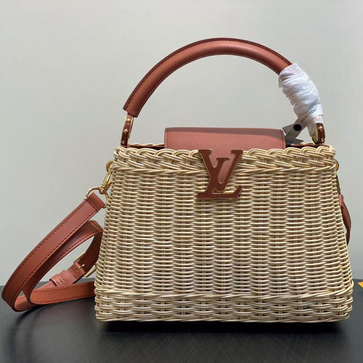 LOUIS VUITTON LV 25S CAPUCINES BB BAG 27 PINIC IN TAN CALFSKIN GOLD HARDWARE
