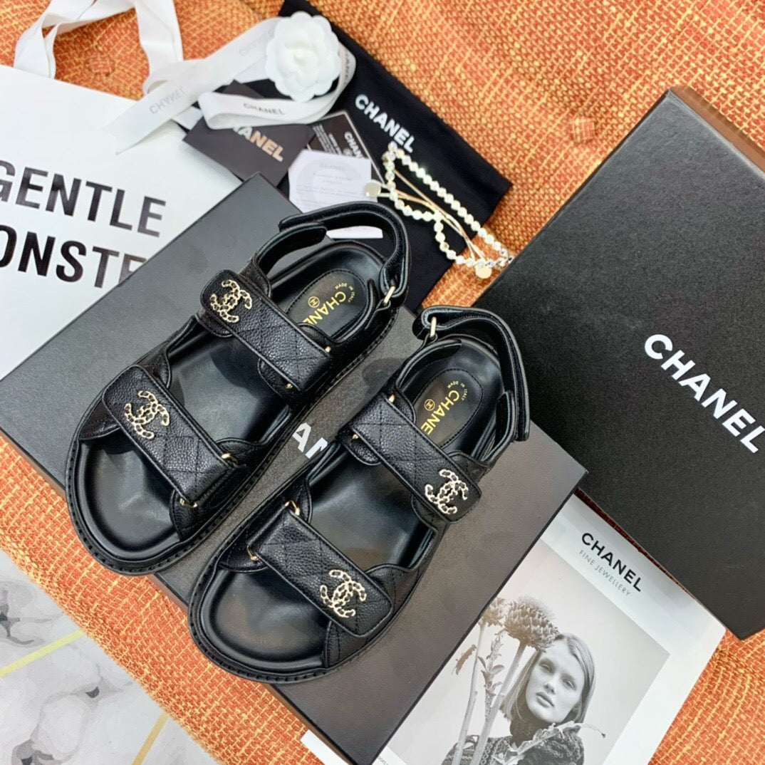 CHANEL dad sandals black leather