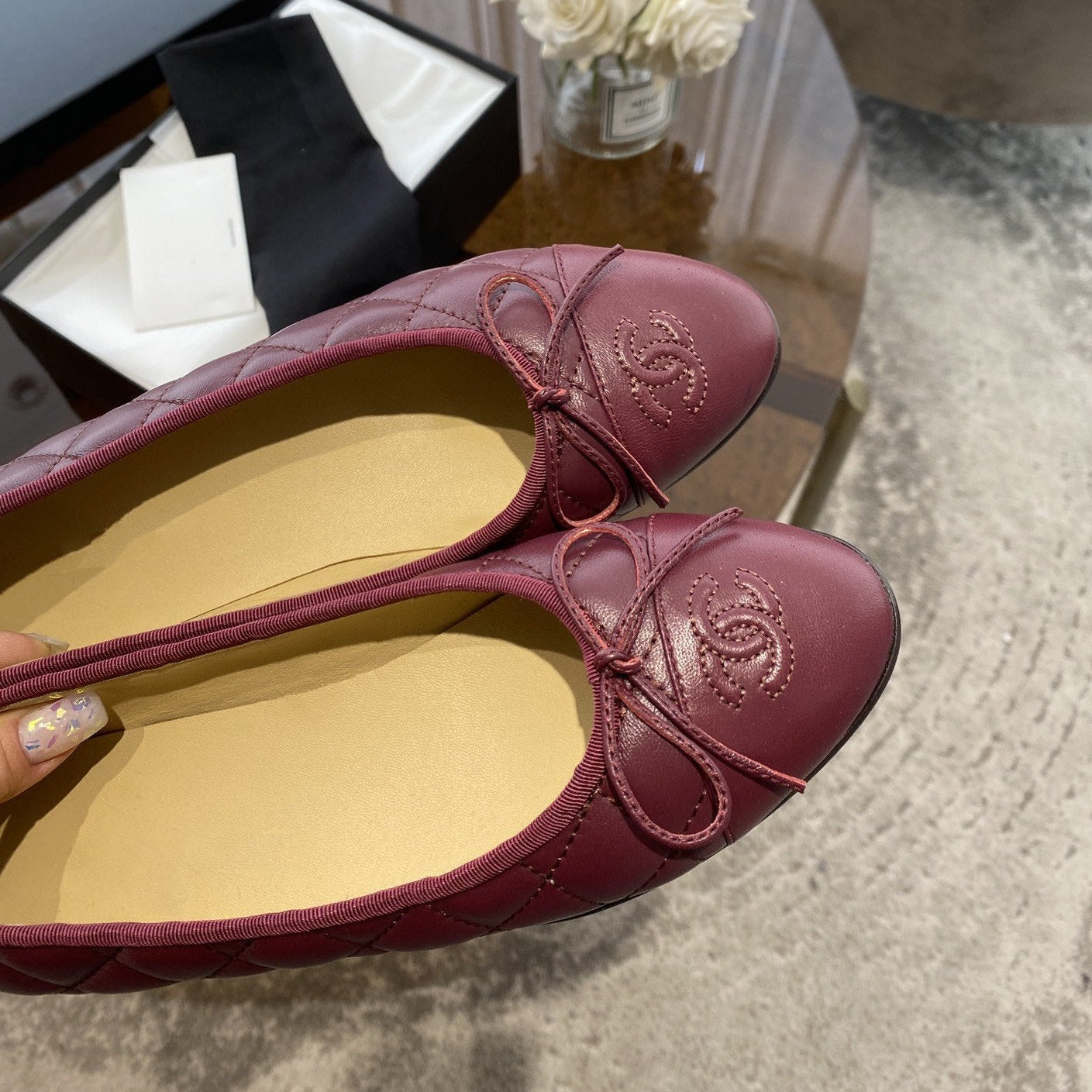 CHANEL BALLET FLATS BURGUNDY QUILTED LAMBSKIN