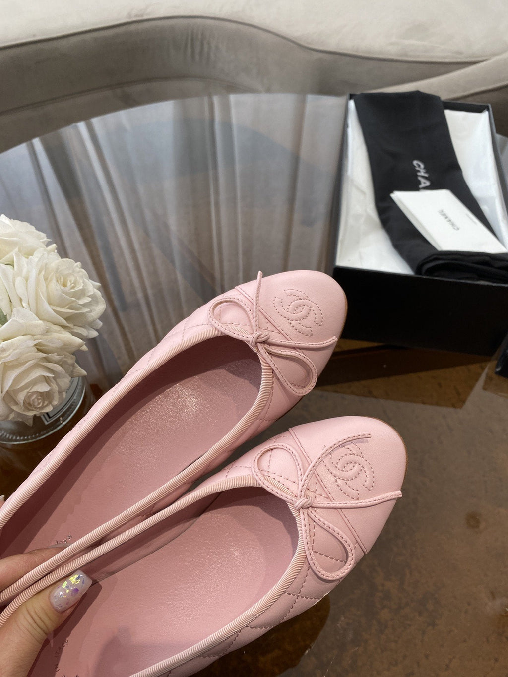 CHANEL BALLET FLATS PINK QUILTED LAMBSKIN