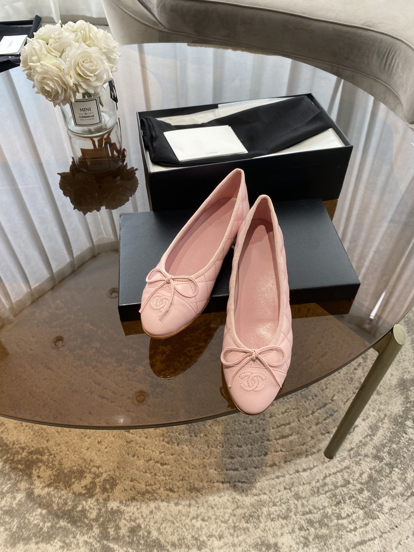 CHANEL BALLET FLATS PINK QUILTED LAMBSKIN