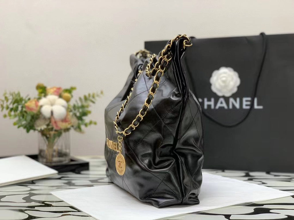 CHANEL HOBO BAG 22 BLACK LAMBSKIN GOLD HARDWARE