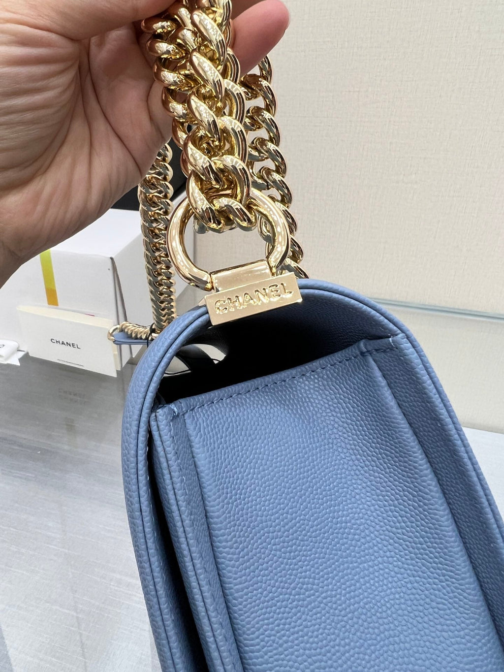 CHANEL BOY BAG MEDIUM 25 CLOUD BLUE CAVIAR GOLD HARDWARE