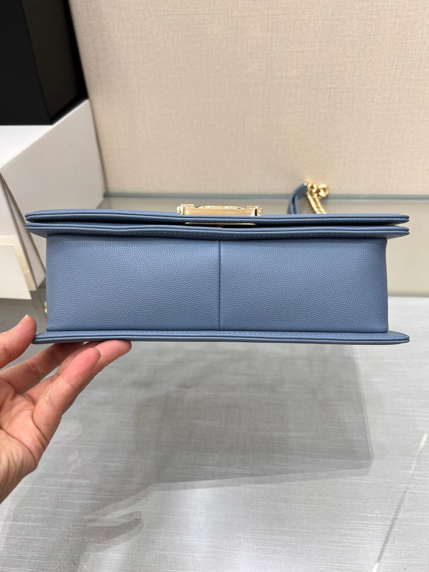CHANEL BOY BAG MEDIUM 25 CLOUD BLUE CAVIAR GOLD HARDWARE