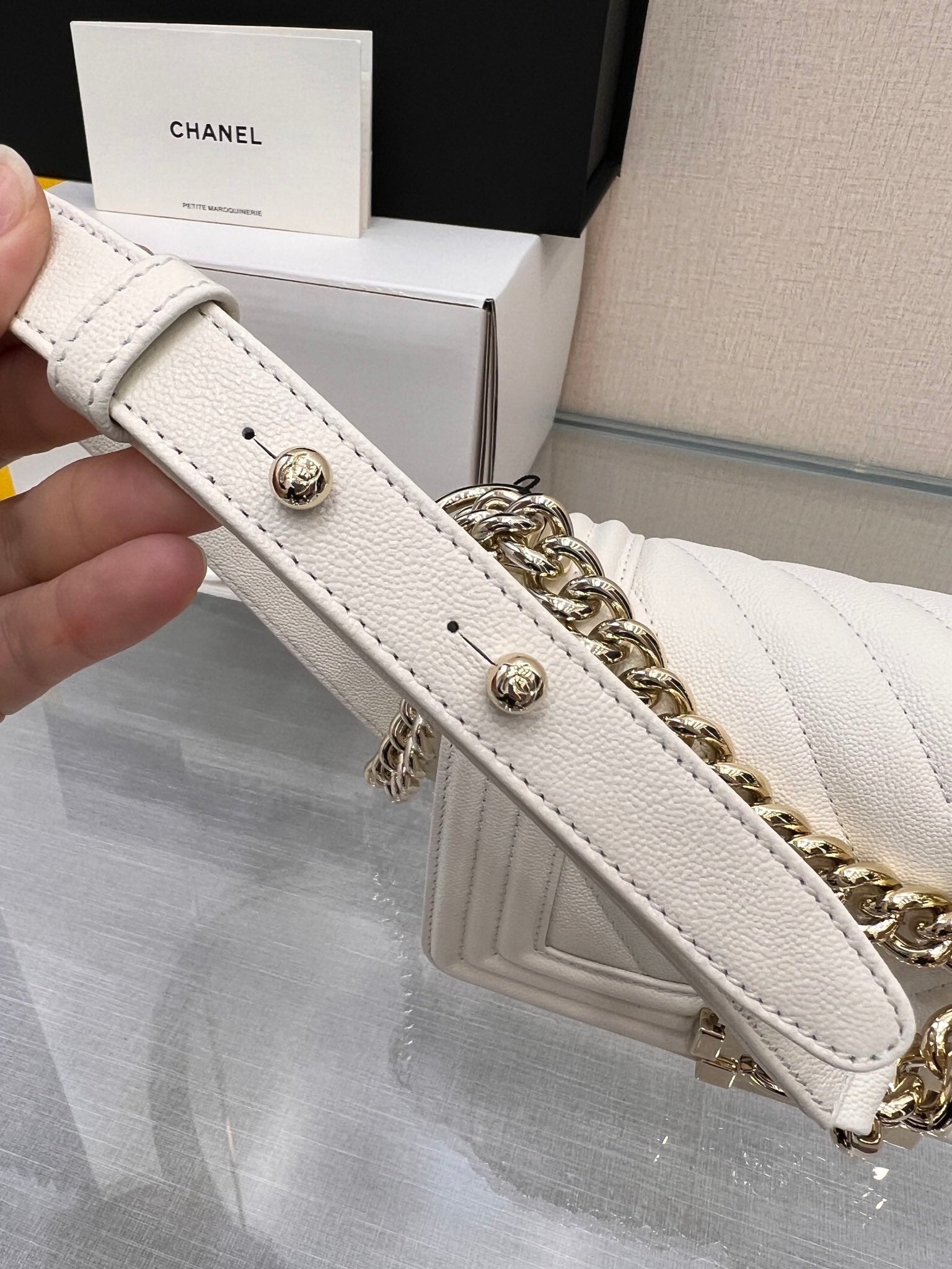 CHANEL BOY BAG SMALL 20 WHITE CHEVRON CAVIAR GOLD HARDWARE