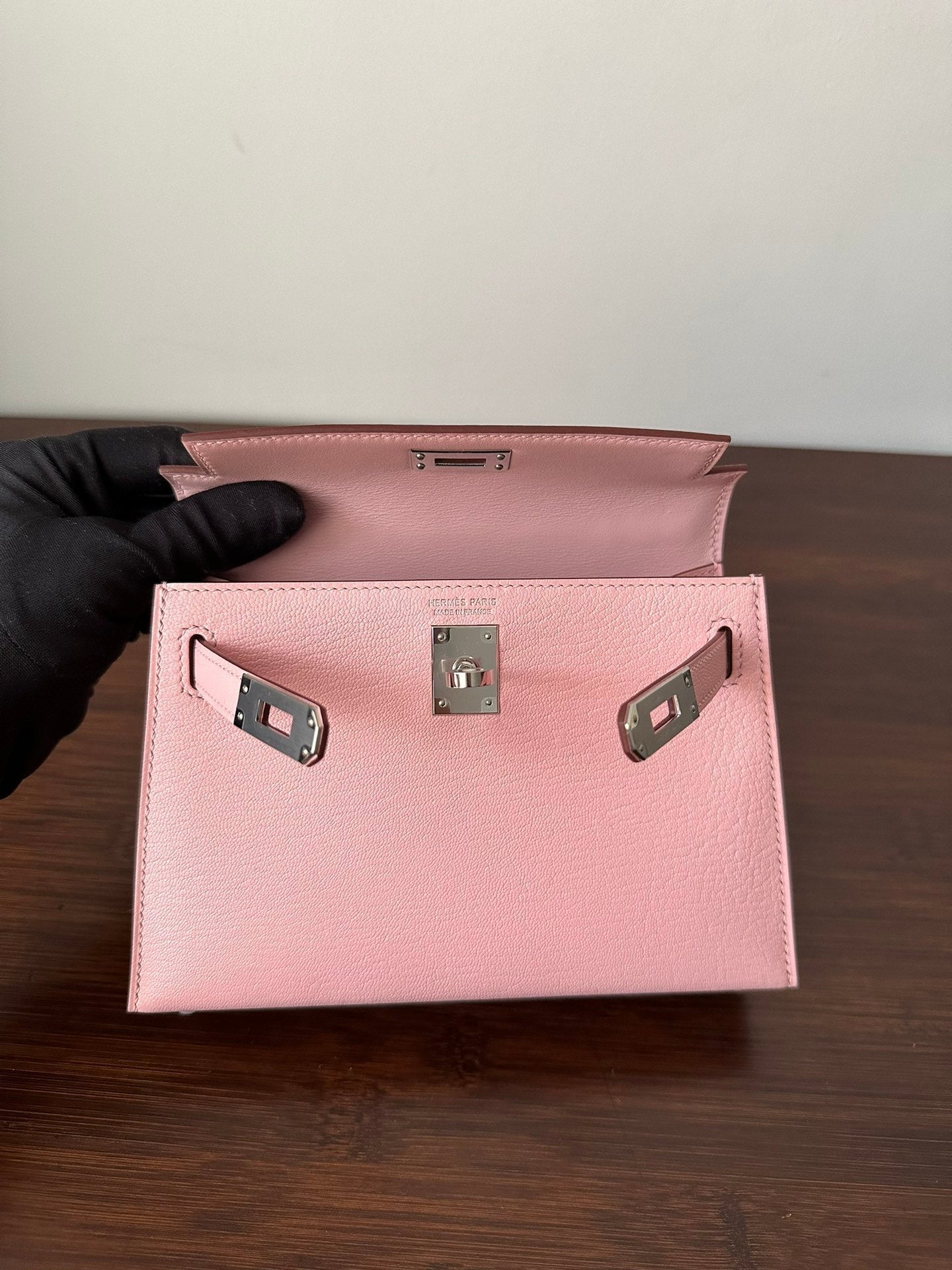 HERMES KELLY MINI 19 PINK CHEVRE SILVER HARDWARE