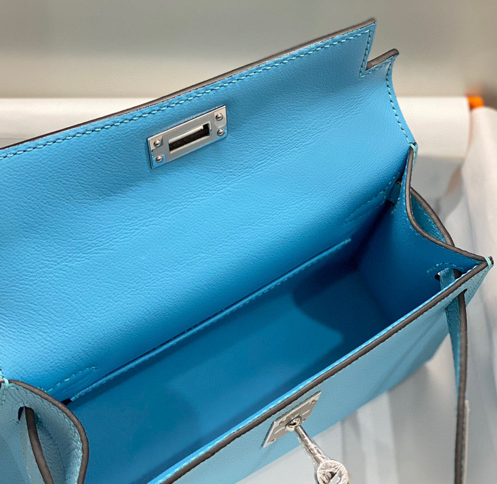 HERMES KELLY MINI 20 SKY BLUE EPSOM SILVER HARDWARE