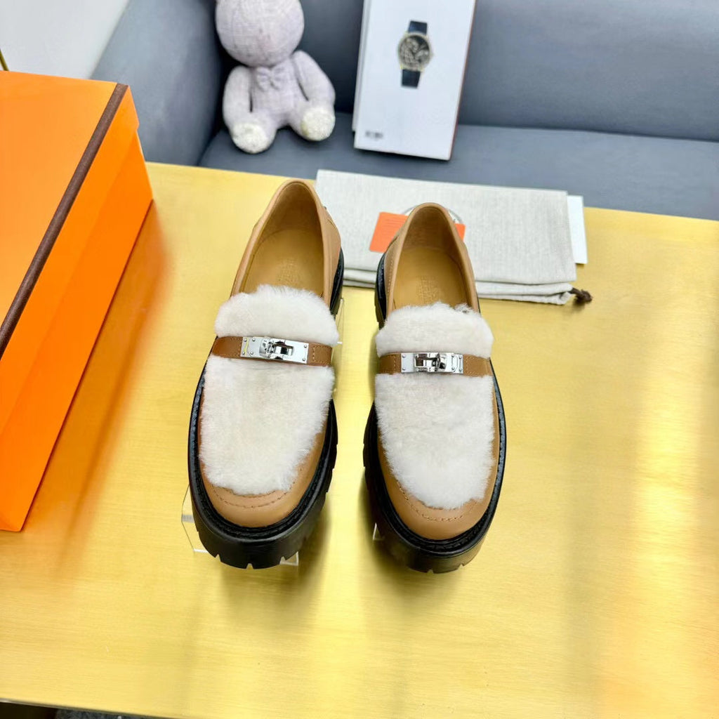 HERMES ICONE LOAFER CALFSKIN AND SHEARLING MUSTARD