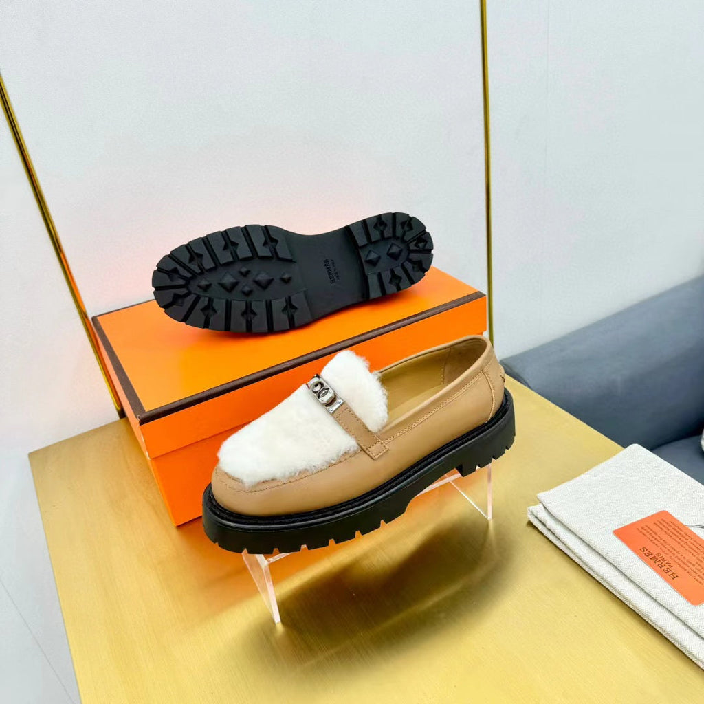 HERMES ICONE LOAFER CALFSKIN AND SHEARLING MUSTARD