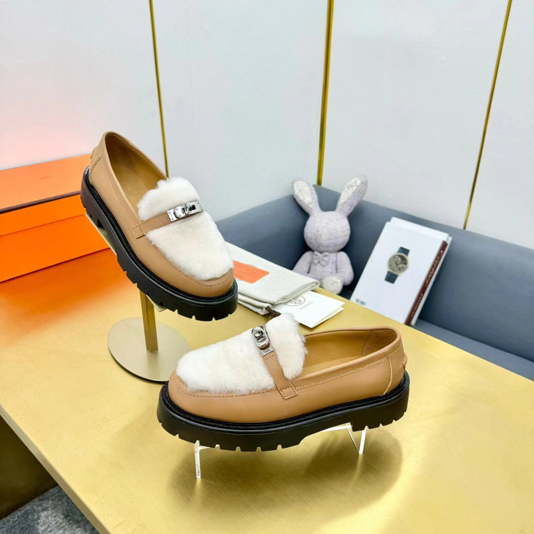 HERMES ICONE LOAFER CALFSKIN AND SHEARLING MUSTARD