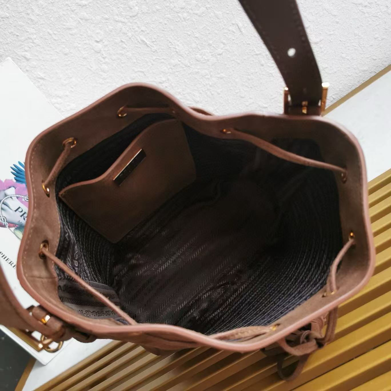PRADA BUCKET BAG 21 IN BROWN SUEDE