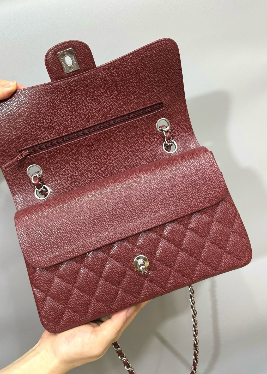 CHANEL FLAP BAG 25 IN WINE CAVIAR LAMBSKIN SILVER HARDWARE