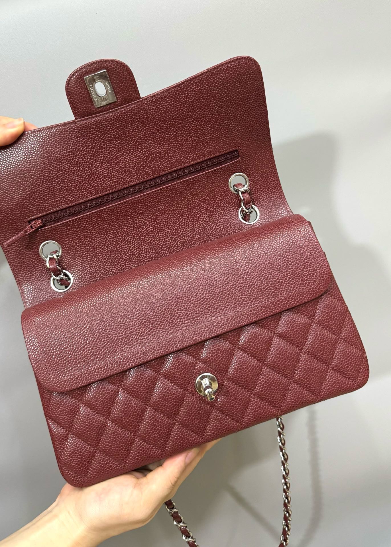 CHANEL FLAP BAG 25 IN WINE CAVIAR LAMBSKIN SILVER HARDWARE