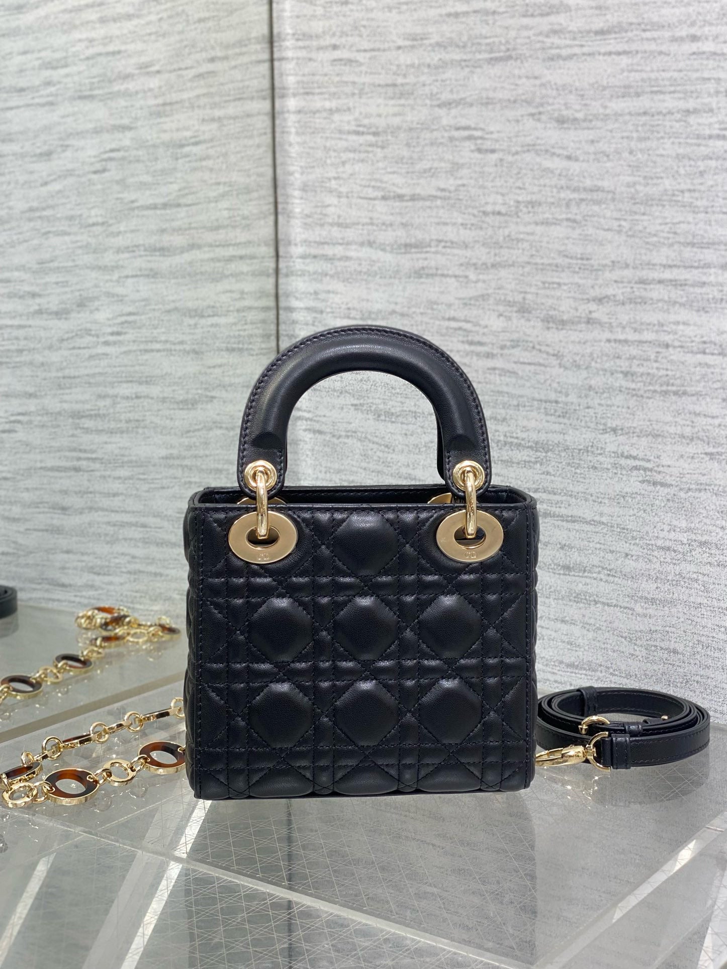 DIOR SMALL 20 LADY BAG IN BLACK MACROCANNAGE LAMBSKIN WITH GOLD HARDWARE