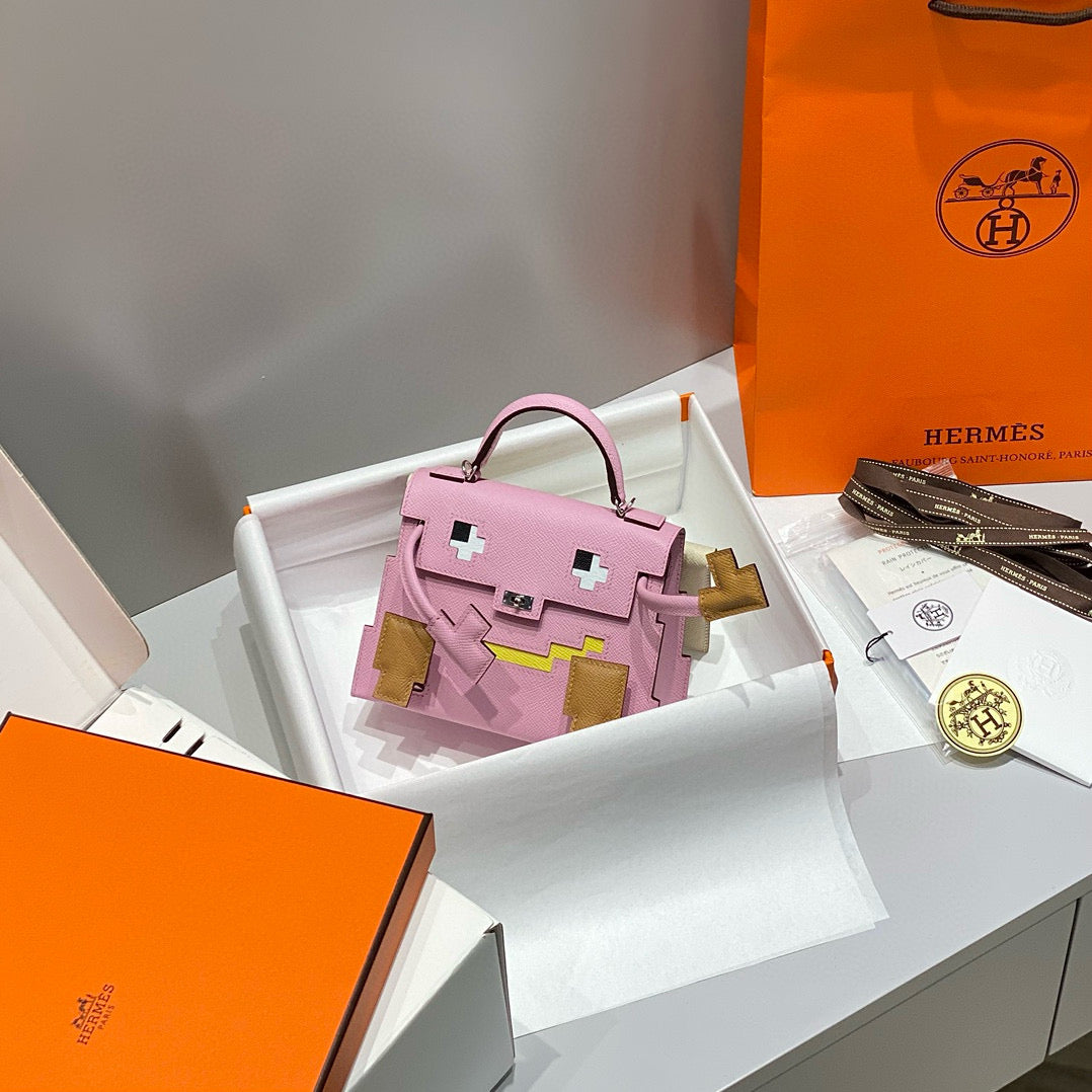 HERMES KELLY DOLL PICTO MINI 18 PINK MIX BROWN CALFSKIN