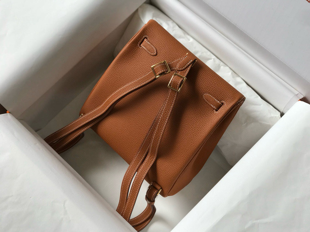 HERMES KELLY ADO 22 TOGO BACKPACK IN BROWN CALFSKIN GOLD HARDWARE