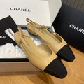 CHANEL SLINGBACKS IN BEIGE LAMBSKIN AND BLACK SATIN