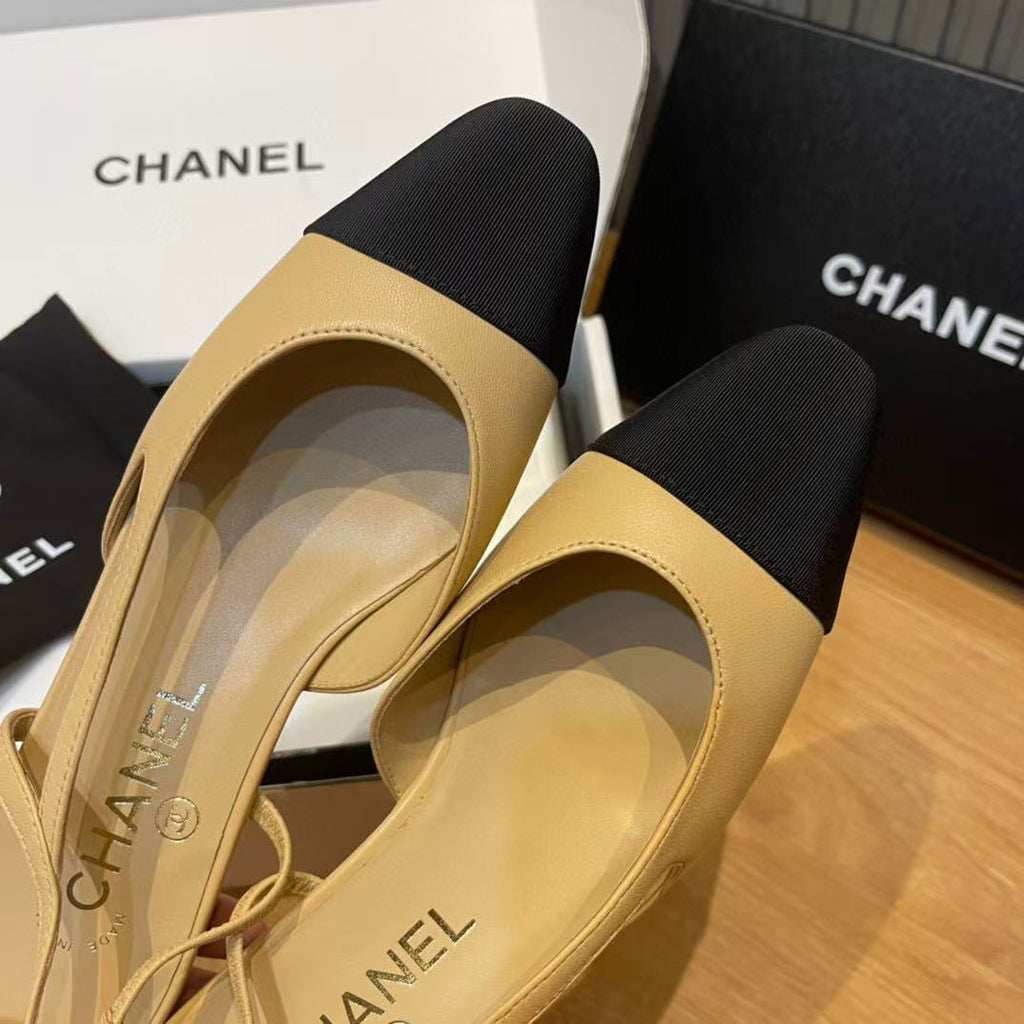 CHANEL SLINGBACKS IN BEIGE LAMBSKIN AND BLACK SATIN