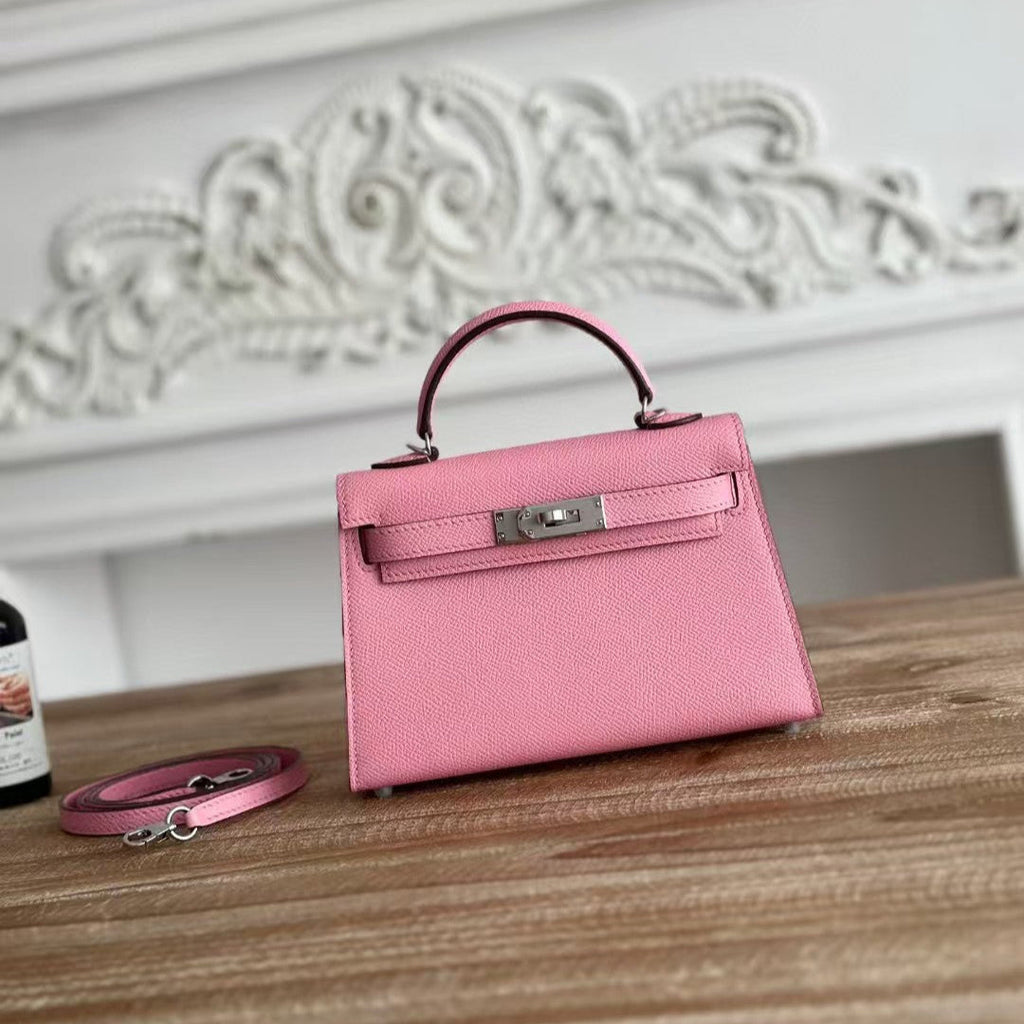 HERMES KELLY MINI 19 LIGHT PINK CALFSKIN SILVER HARDWARE