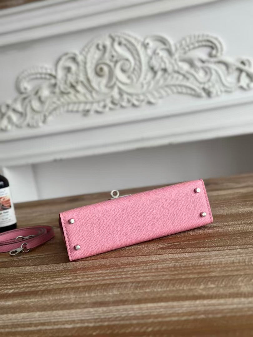 HERMES KELLY MINI 19 LIGHT PINK CALFSKIN SILVER HARDWARE