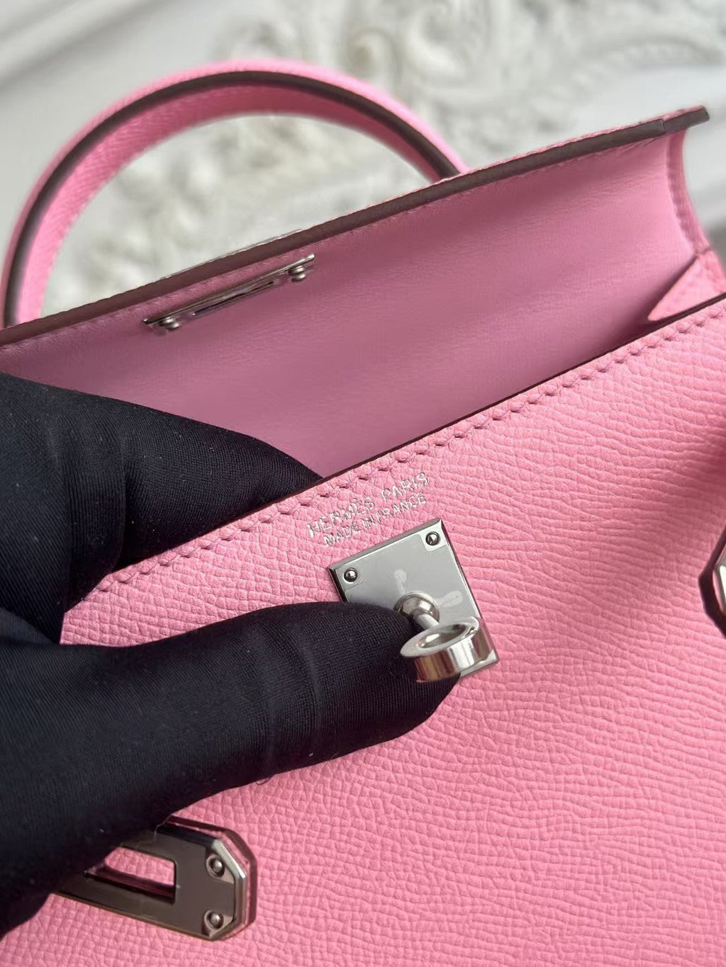 HERMES KELLY MINI 19 LIGHT PINK CALFSKIN SILVER HARDWARE