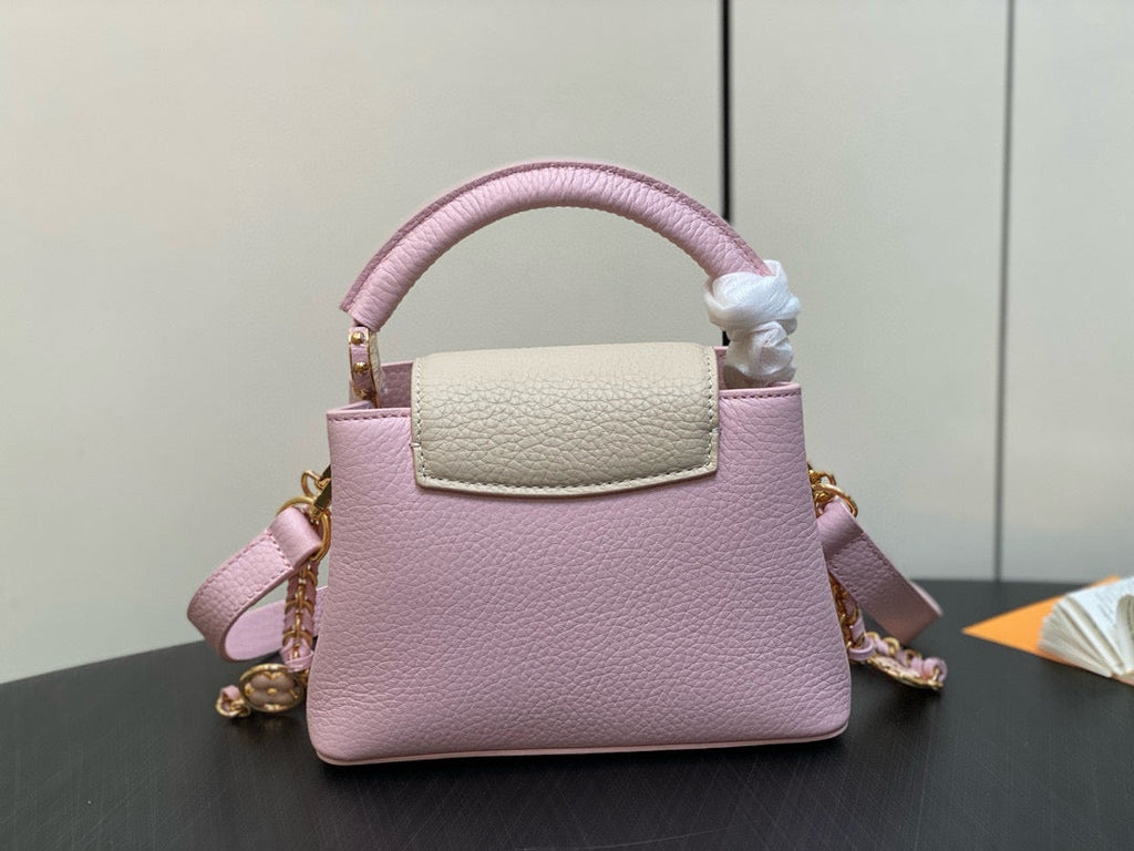 LOUIS VUITTON CAPUCINES MINI 21 IN LIGHT PINK TAURILLON LOVELOCK GOLD HARDWARE
