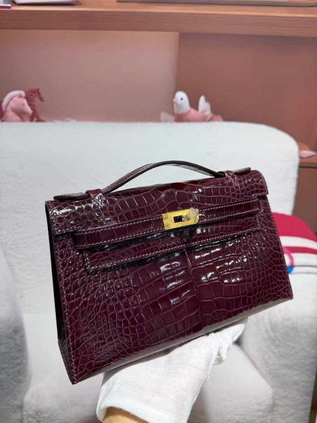 HERMES KELLY MINI 22 BORDEAUX RED AMERICAN ALLIGATOR GOLD BUCKLE