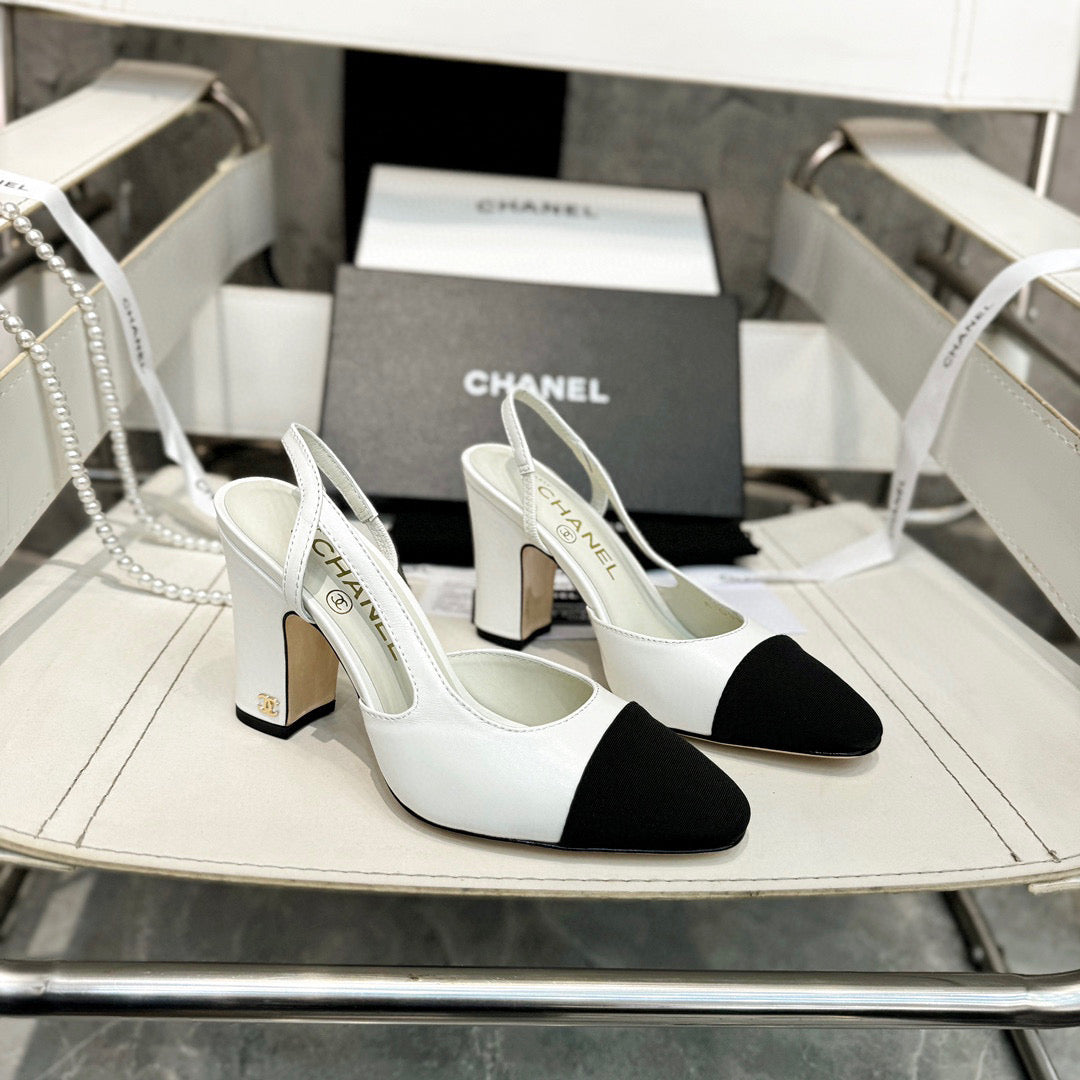 CHANEL HIGH SLINGBACK IN BLACK FABRIC AND WHITE CALFSKIN