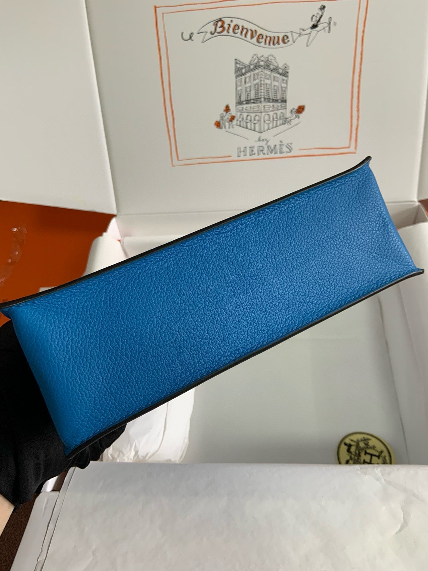 HERMES KELLY DANSE 22 EVERCOLOR BLUE IN CALFSKIN SLIVER HARDWARE