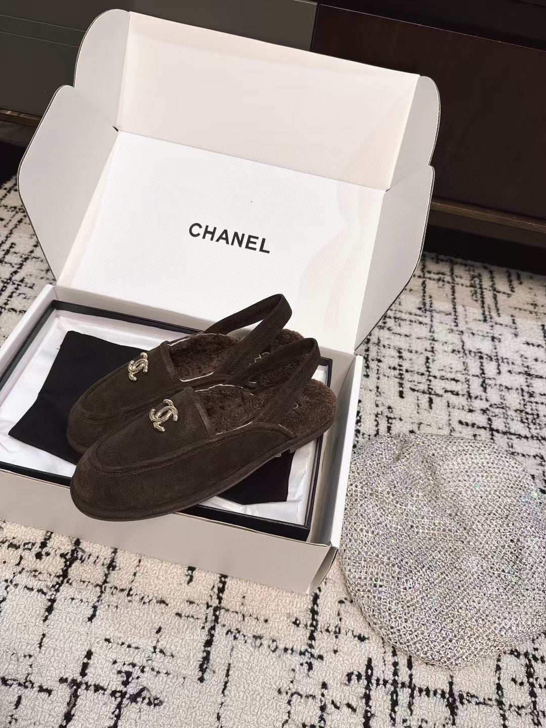 CHANEL SLINGBACK LOAFER IN BROWN SUEDE AND SHEARLING
