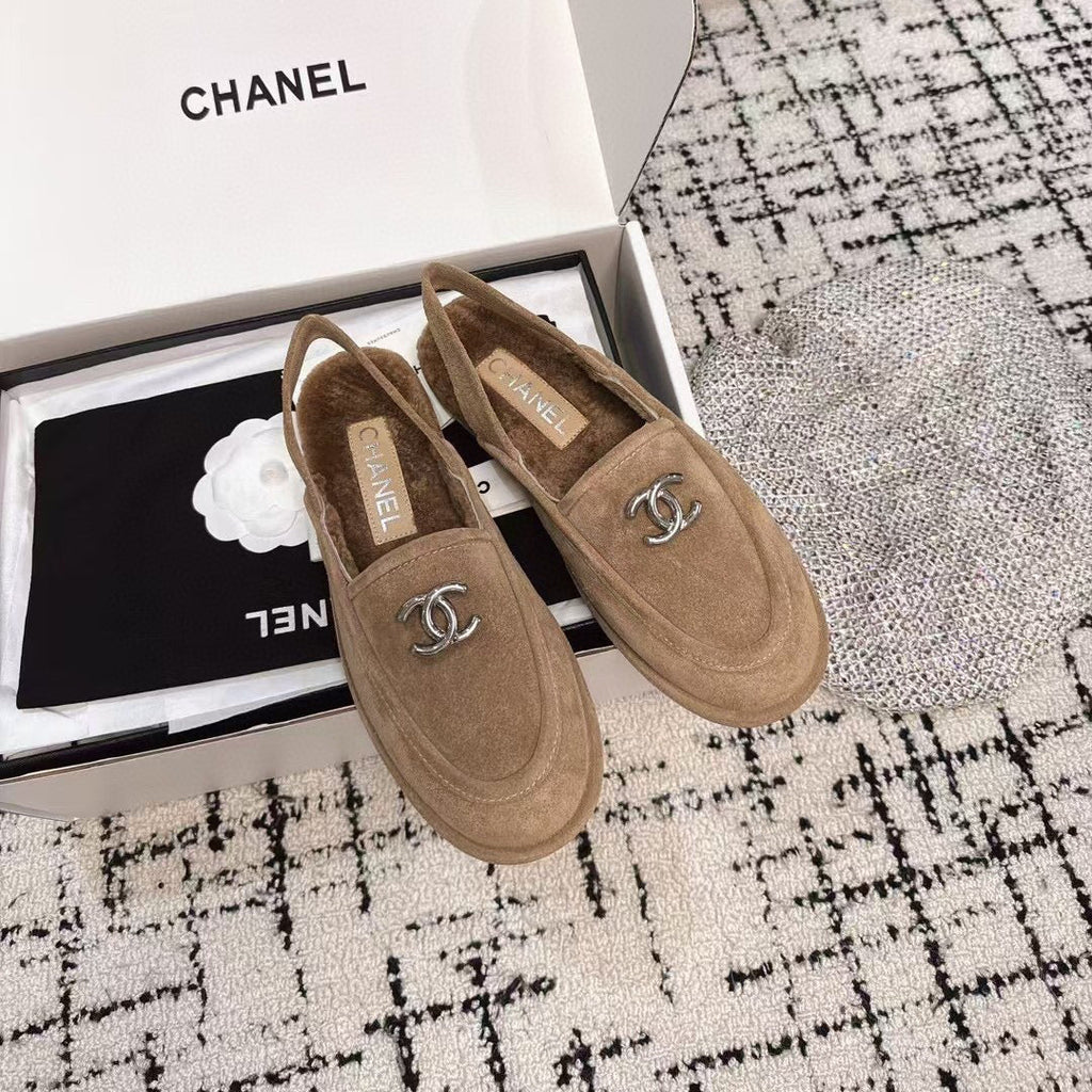 CHANEL SLINGBACK LOAFER IN DARK BEIGE SUEDE AND SHEARLING