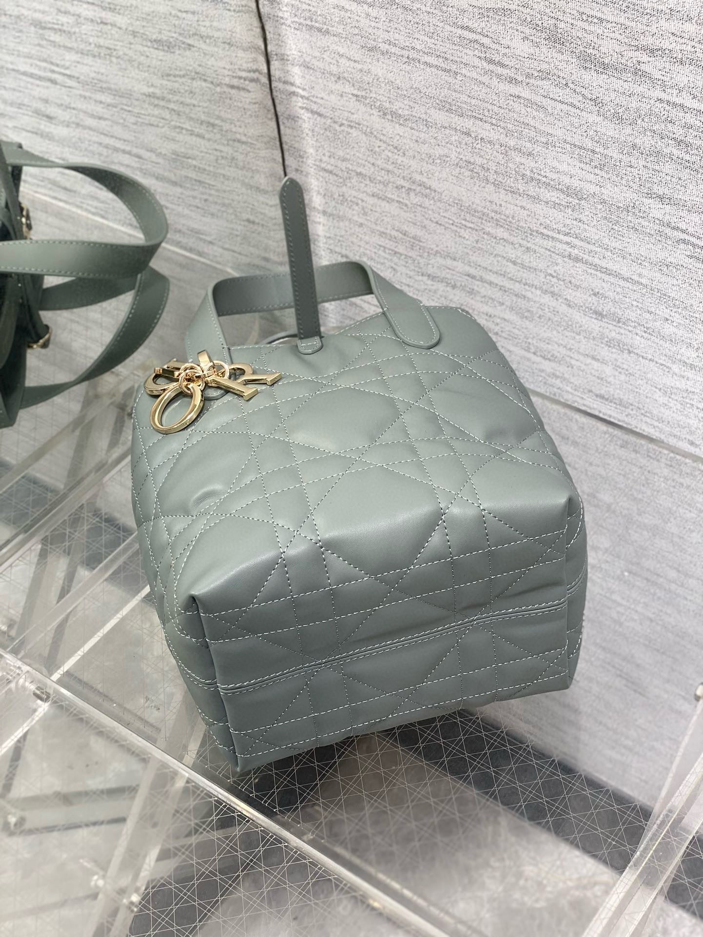 DIOR MINI TOUJOURS BUCKET BAG 18 IN GREY CANNAGE CALFSKIN