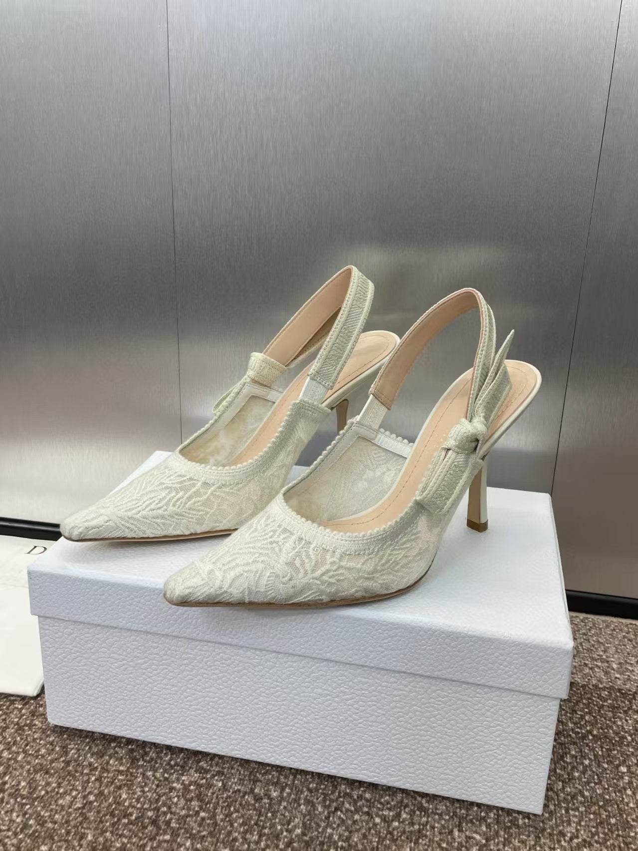 DIOR J'A SLINGBACK PUMPS IN IVORY WHITE EMBROIDERED LACE