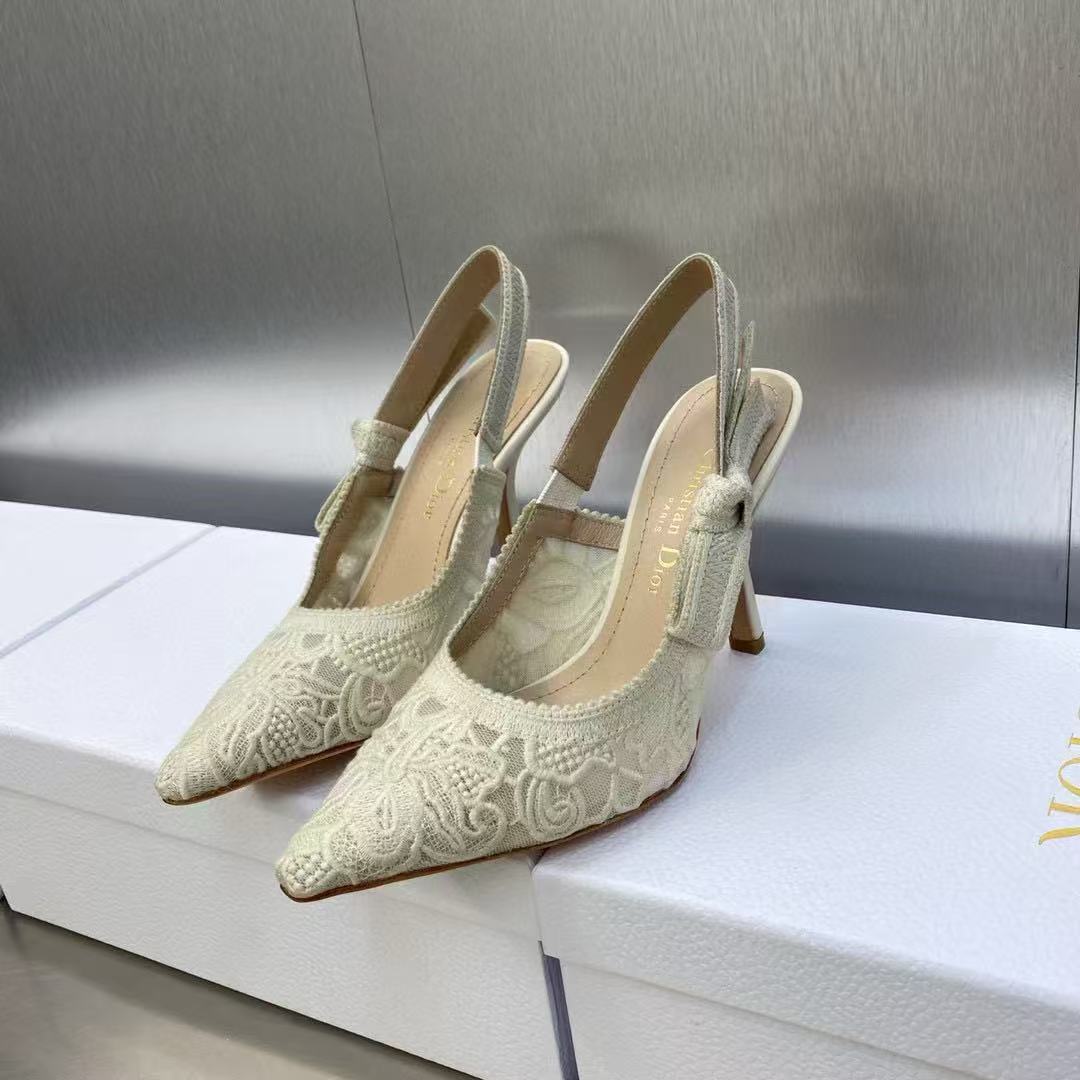 DIOR J'A SLINGBACK PUMPS IN IVORY WHITE EMBROIDERED LACE