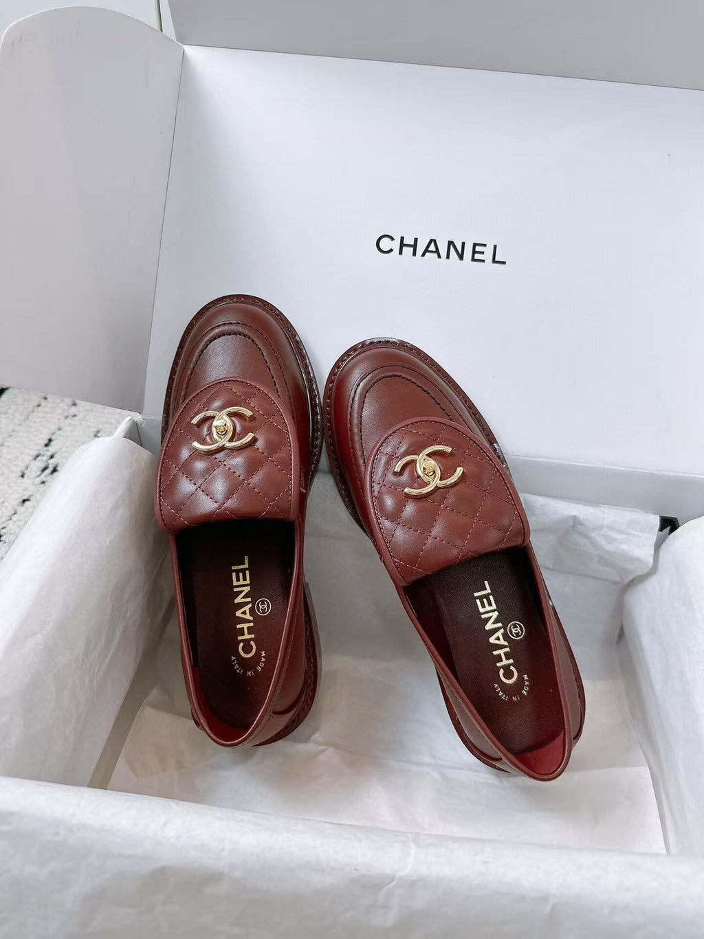 CHANEL QUILTED FLAP LOAFERS IN BURGUNDY RED CALFSKIN GOLD HARDWARE