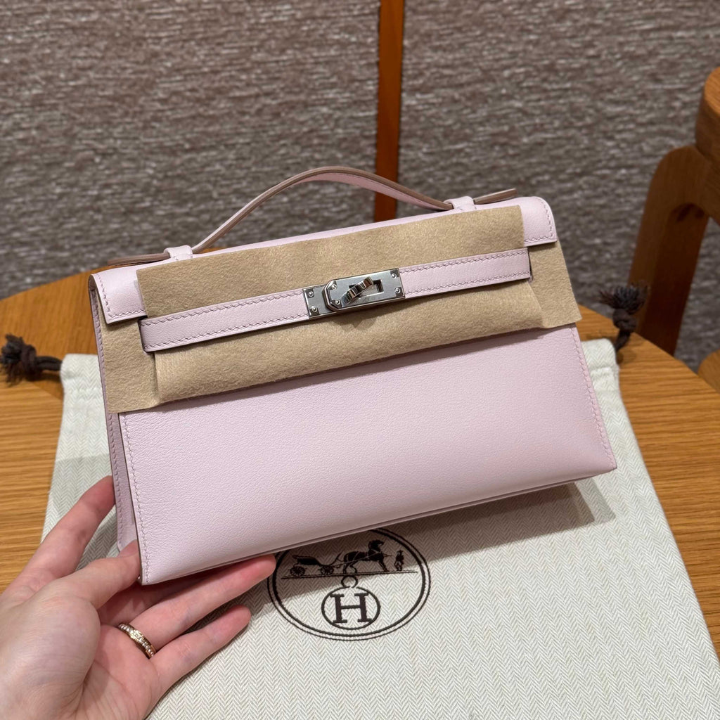 HERMES KELLY POCHETTE 22 IN LIGHT PINK CALFSKIN SILVER HARDWARE