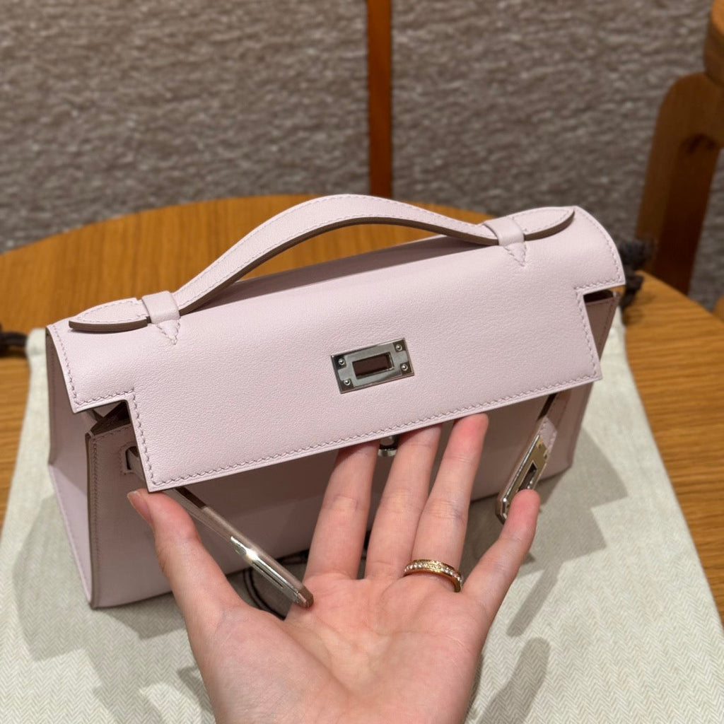 HERMES KELLY POCHETTE 22 IN LIGHT PINK CALFSKIN SILVER HARDWARE