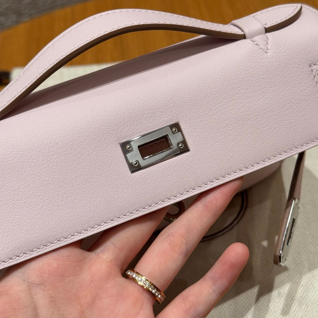 HERMES KELLY POCHETTE 22 IN LIGHT PINK CALFSKIN SILVER HARDWARE
