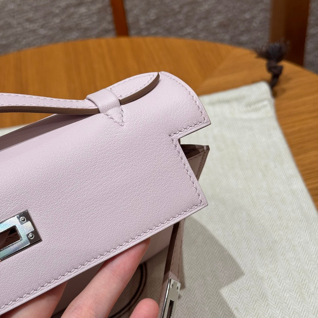 HERMES KELLY POCHETTE 22 IN LIGHT PINK CALFSKIN SILVER HARDWARE