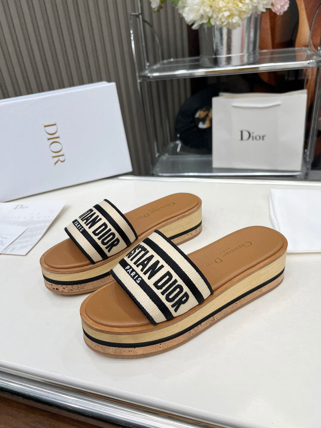 DIOR CD PLATFORM SLIDES IN BEIGE MIX BROWN CANVAS