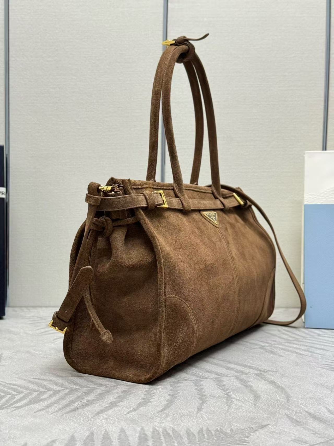 PRADA TOTE BAG WITH BELT 38 IN CHOCOLATE BROWN SUEDE GOLD HARDWARE